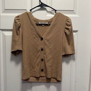 LOFT Camel Button-Down Ribbed Top